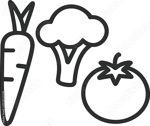 Fresh vegetables illustrated as a carrot, broccoli, and tomato on a white background
