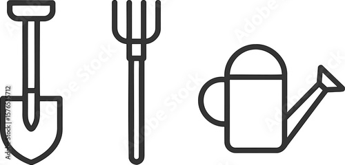 Gardening tools including shovel, fork, and watering can for outdoor planting and maintenance tasks