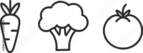 Fresh vegetables displayed in a minimalistic style showcasing carrot, broccoli, and tomato