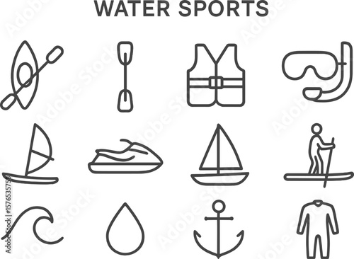 Collection of water sports icons representing various activities and equipment for aquatic adventures