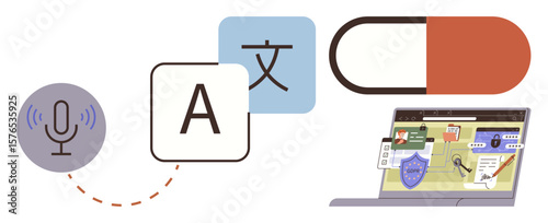 Microphone, multilingual text icons, capsule, and laptop screen with protected data visualization. Ideal for communication, translation, security, healthcare, technology innovation education