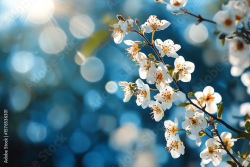 Blossoming White Flowers Illuminated by Sunlight in a Serene Natural Setting