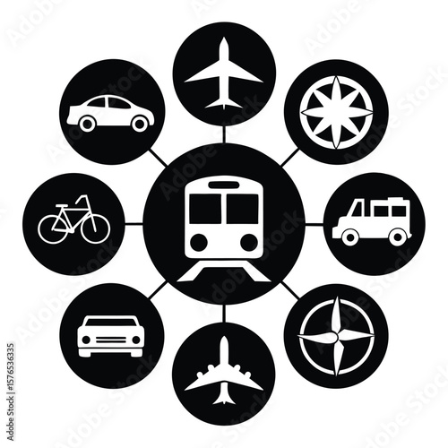 Diverse transportation modes arranged in a circular diagram train