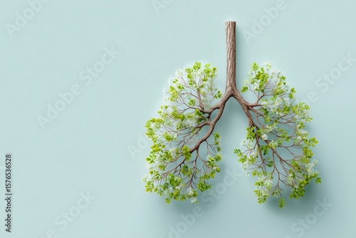 Branches shaped like human lungs with green leaves and small flowers on light green background.