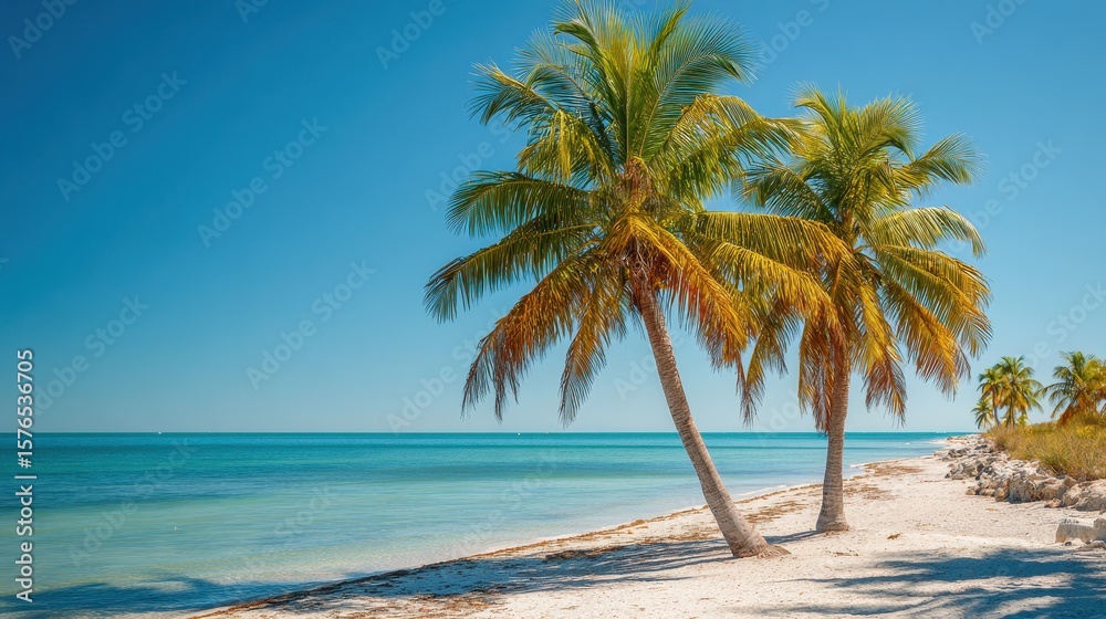 Fototapeta premium Deserted Smathers Beach in Key West, Florida: Palm Trees Against a Bright Blue Sky on a Serene Summer Day