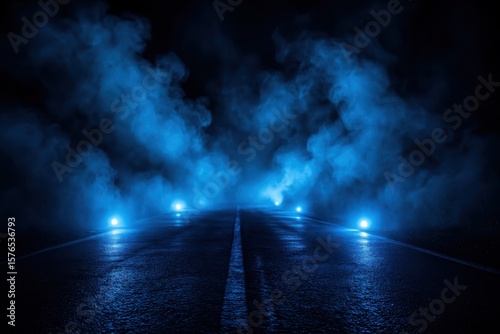 A dramatic and mysterious blue lit asphalt road with white marking in smoke clouds, creating a cinematic and atmospheric night race scene.