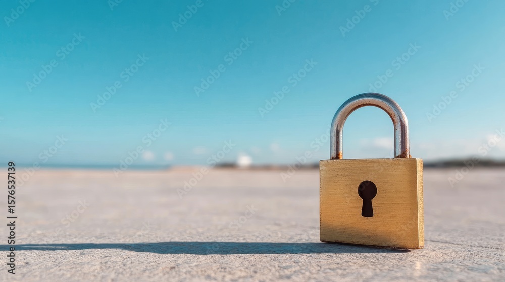 Naklejka premium Gold padlock on concrete against bright sky