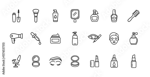 Beauty and cosmetics icon set. Vector line pictograms of makeup, lipstick, brush, skincare, nail polish, hairdryer, perfume, and beauty tools illustration.