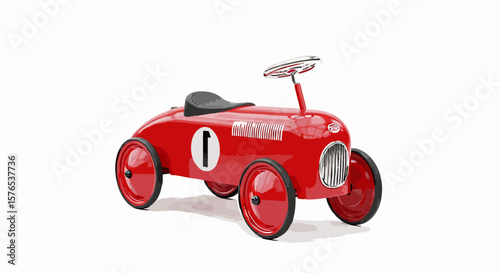 "Flat vector of a classic red pedal car toy, vintage style, clean shapes and outlines, isolated on white"generative ai