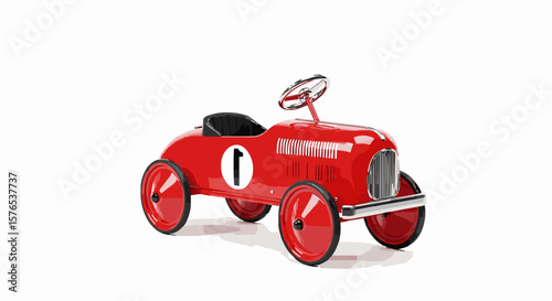"Flat vector of a classic red pedal car toy, vintage style, clean shapes and outlines, isolated on white"generative ai