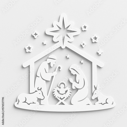 Flat Cutout Nativity Scene Sticker – White Vector Christmas Eve Design on White Background