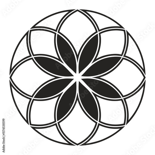 Geometric black flower symbol with petal shapes abstract circle