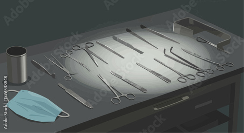 Surgical tools and mask arranged on a table in medical illustration  