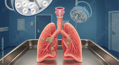 Medical illustration of lungs with bronchial tubes on surgical table  