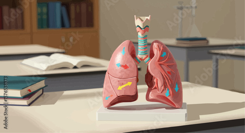 Anatomical model of lungs and trachea on table in classroom  