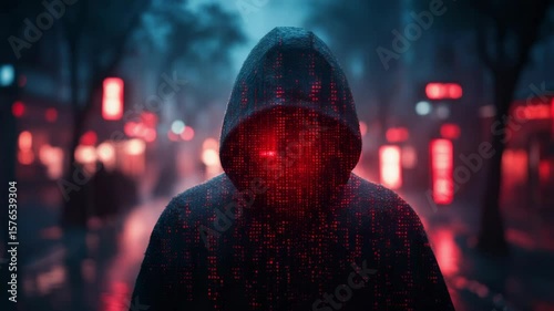 Hooded figure with glowing red digital face in a dark, rainy city street, cyberpunk aesthetic, symbolizing hacking or data breach threat
