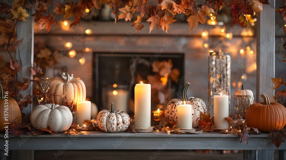 Fototapeta premium Cozy autumn decor with candles and pumpkins.