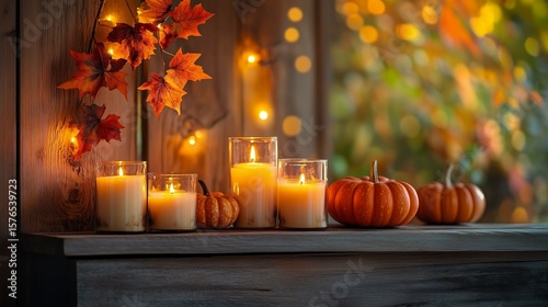 Cozy autumn decor with candles and pumpkins.