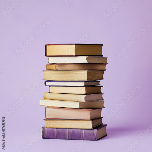 Stack of books with a purple background