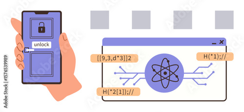 Hand holding phone unlocking screen beside browser window with atoms and codes. Ideal for cybersecurity, encryption, quantum computing, data privacy, coding, science education, simple flat metaphor