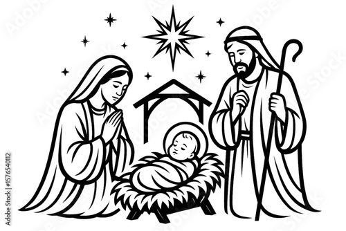 Black and White Nativity Scene Vector – Baby Jesus Christmas Christian Illustration on White Background