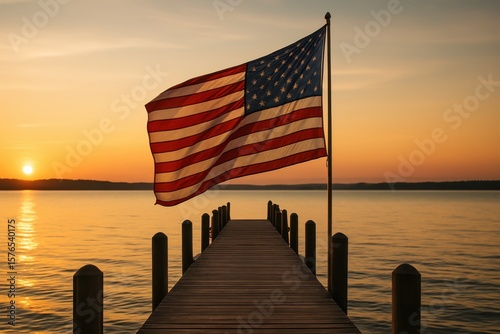 Fototapeta Naklejka Na Ścianę i Meble -  A patriotic and serene scene of an American flag waving gently on a wooden pier by a tranquil lake at golden hour, evoking a sense of peace and national pride.