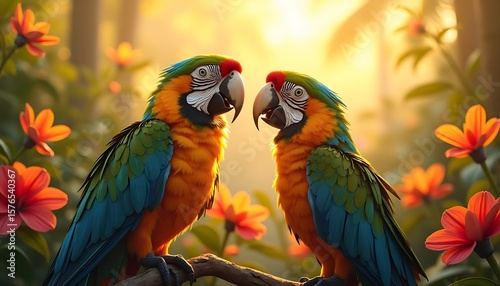Two Colorful Macaws Perched on Branch Amid Vibrant Flowers at Sunset