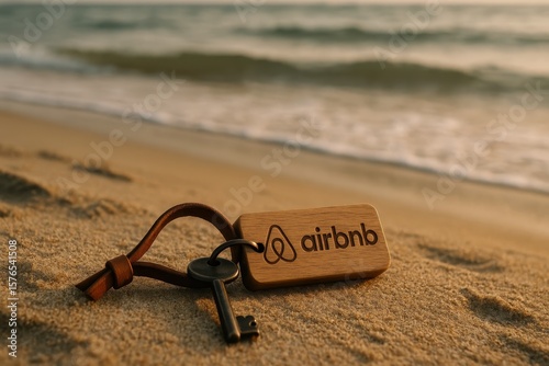 Fototapeta Naklejka Na Ścianę i Meble -  A serene and picturesque view of a wooden Airbnb key with a keychain, resting on the sandy beach of the Baltic Sea in Germany, evoking a sense of coastal vacation and relaxation.