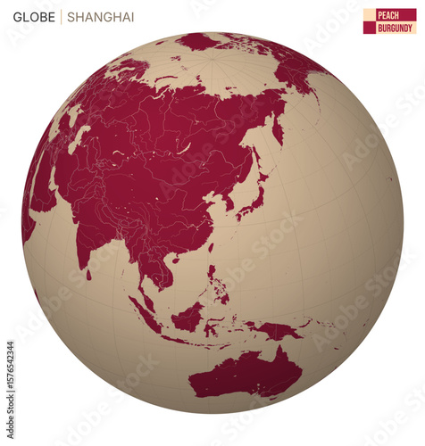 Vector Globe centered to Shanghai. Peach Burgundy palette. World map with meridians, parallels, countries, rivers and lakes. Classic vector illustration.