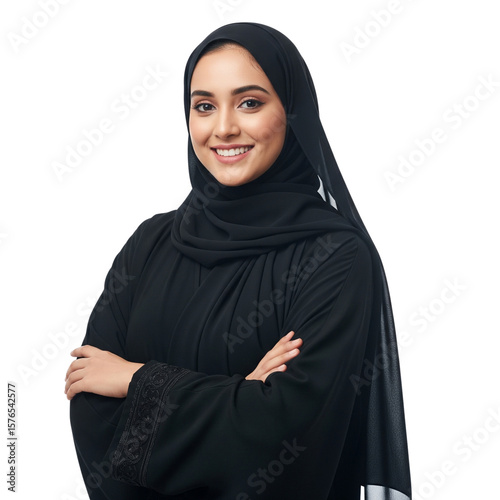 smiling muslim woman in white hijab on Isolated transparent background png. generated with AI