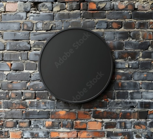 Black circle for advertising on a brick wall. A black circle is on brick wall. Design mockup