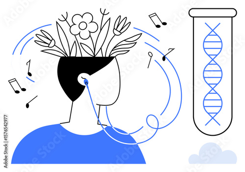 Person with plants and flowers growing from their head, earphones connecting music, and DNA in a test tube. Ideal for creativity, music, science, mindfulness, nature, innovation self-expression