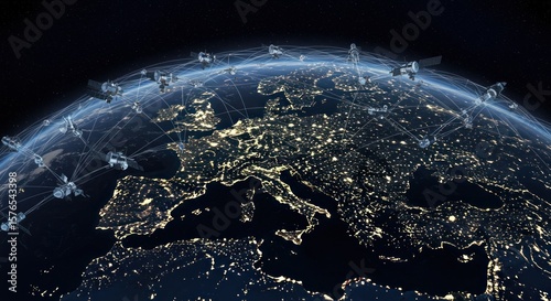 A nighttime view of Earth with orbiting satellites, highlighting Europe's illuminated cities.