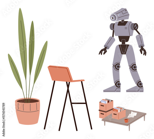 Advanced humanoid robot standing by contemporary office furniture, potted plant, and organized documents. Ideal for innovation, AI, technology, workspace, automation, futuristic design productivity