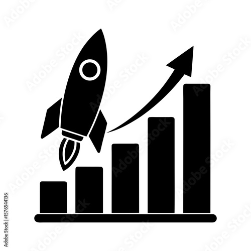 rocket launch icon rising over bar chart success.