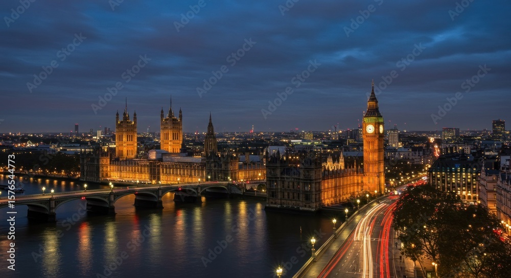 Obraz premium Night view of the Houses of Parliament and Big Ben in London, England, with a river and city lights.