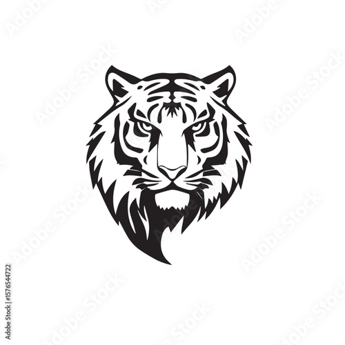 Black and White Vector Illustration of a Bold Fierce Tiger's Face Portrait. Tiger's head silhouette. 