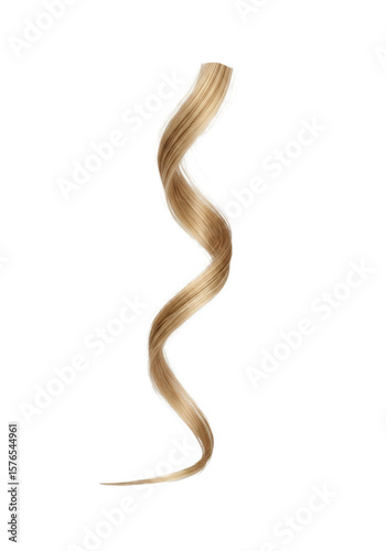 Golden blonde spiral curl, glossy hair strand with defined coils for product demonstrations