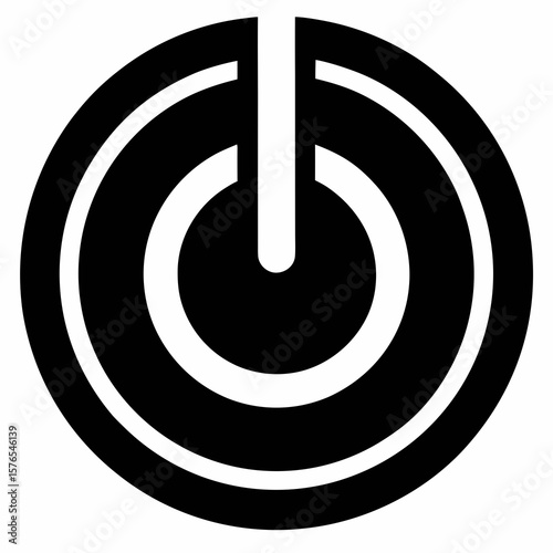 A black power button symbol with concentric circles indicating signal strength or energy transmission isolated on white background