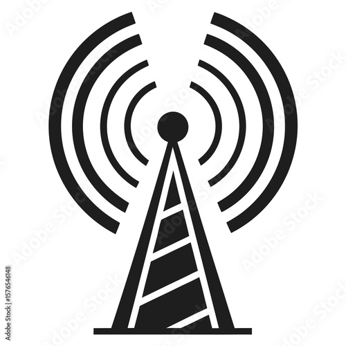 Black icon of a radio tower emitting signal waves representing communication and broadcasting technology isolated on white background