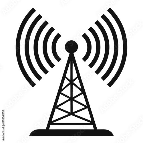 Black silhouette of a telecommunication tower broadcasting signals with radiating waves isolated on white background