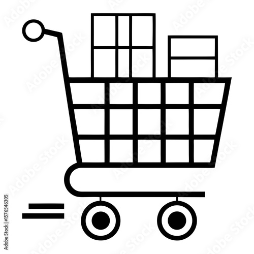 Black and white illustration of a shopping cart filled with boxes and moving quickly isolated on white background