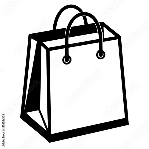 Simple black and white graphic illustration of a shopping bag with handles isolated on white background