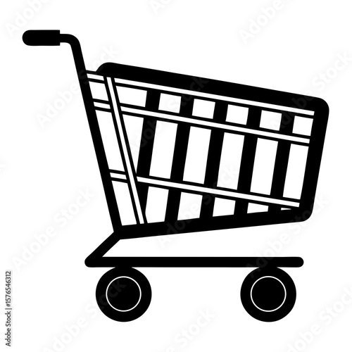 Black silhouette of a shopping cart with a handle and wheels isolated on white background