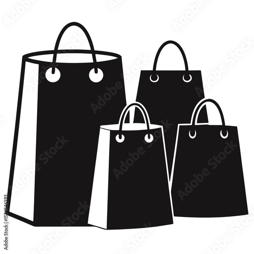 Group of four black shopping bags with handles isolated on white background