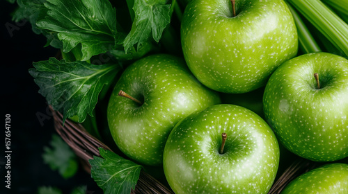 Vibrant basket brimming with crisp celery stalks and glossy green apples