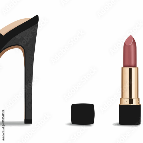 High-heeled shoe and lipstick icon in minimal style with neutral colors  