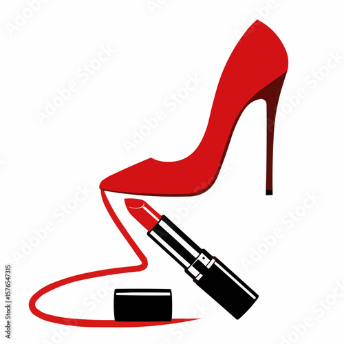 Red high heel shoe and lipstick icon with red liquid backdrop  
