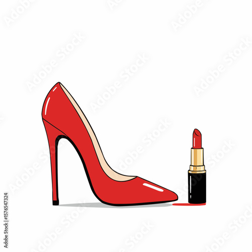 Red high heel shoe and lipstick icon on white background  