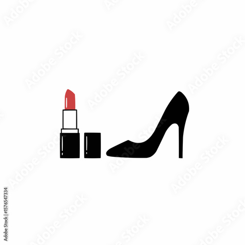 Lipstick and high heel shoe icon in minimalist style  